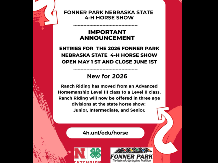 Fonner Park Nebraska 4-H Horse Show 2026 announcement in red and white with logos at the bottom.