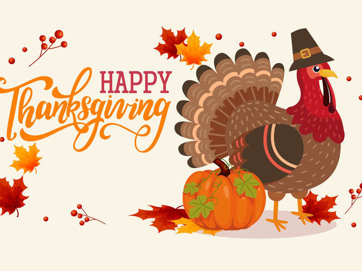 "Happy Thanksgiving" in text with a turkey in a pilgrim hat with a pumpkin next to it