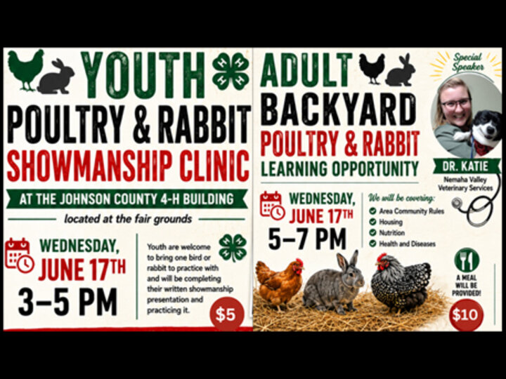 Youth and adult events for poultry and rabbit clinics on June 17th, featuring a guest speaker.