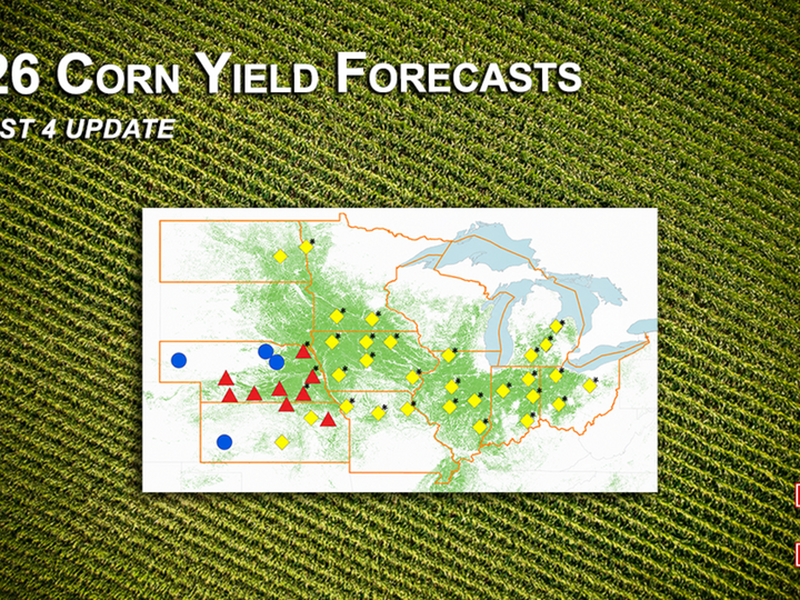 2026 Corn Yield Forecast map with symbols overlaid on a green field background; Nebraska logo at bottom right.
