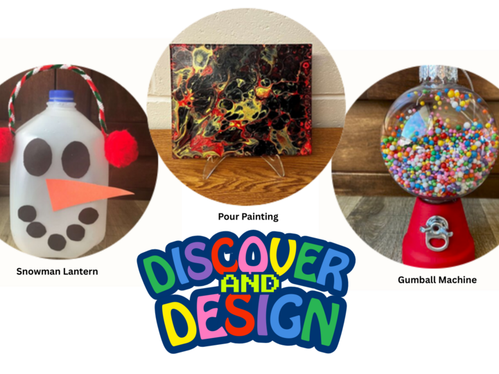 Fun project ideas for kids including pour paint, snowman lantern and gumball machine