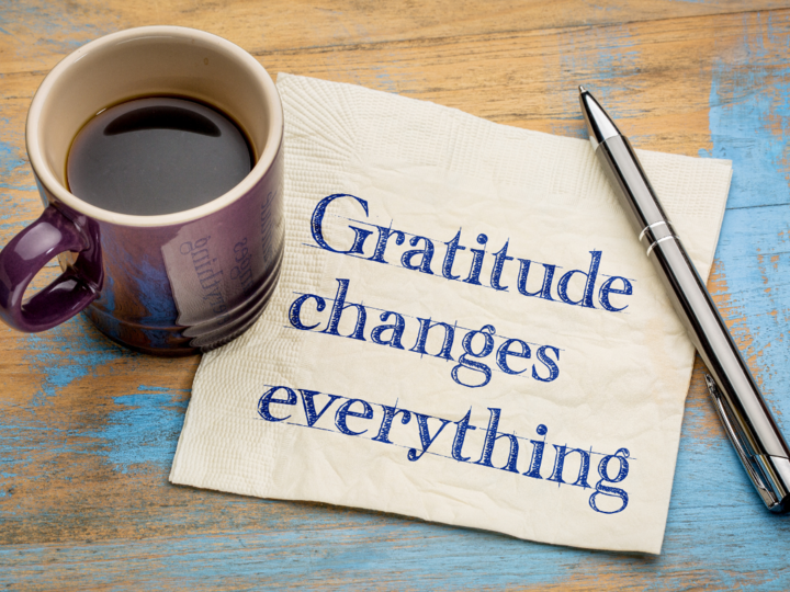 Coffee cup with a note that says Gratitude changes everything
