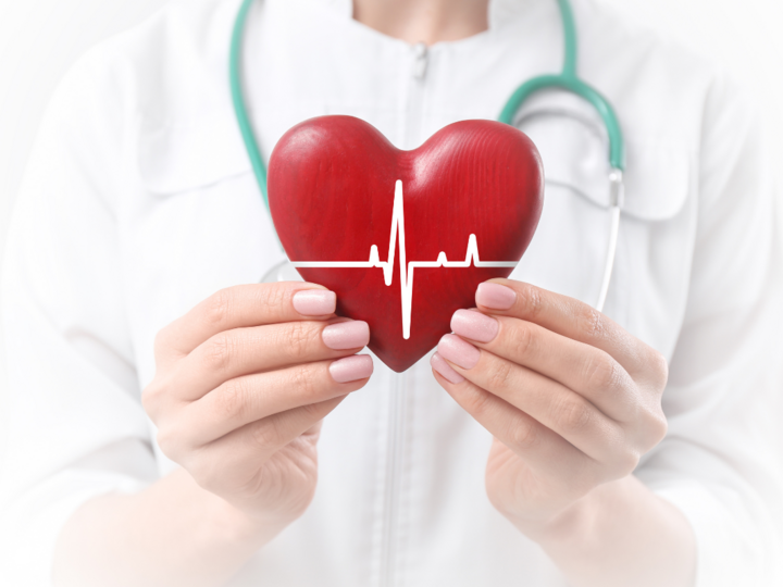A medical associate holds a ceramic heart with an electrocardiogram image to promote heart health.
