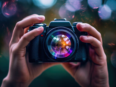 Photography 101 workshop image. Hands holding a camera, lens pointed toward viewer