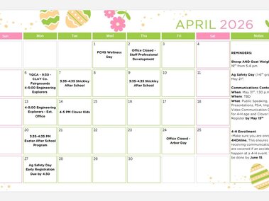 April 2026 calendar with pastel Easter decorations, events, and reminders noted throughout.