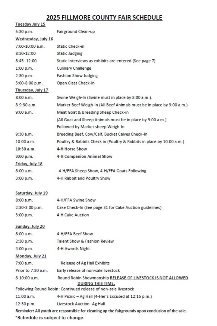 2025 Fillmore County Fair Schedule