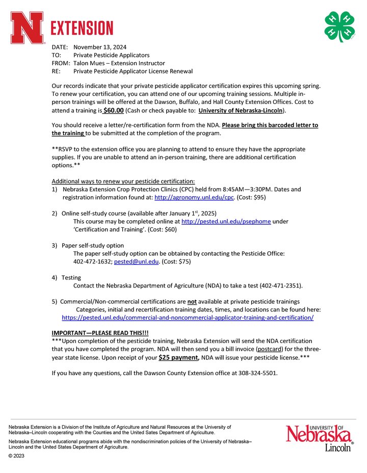 2025 Dawson Private Applicator Training Info