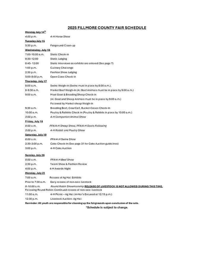 2025 Fillmore County Fair Schedule
