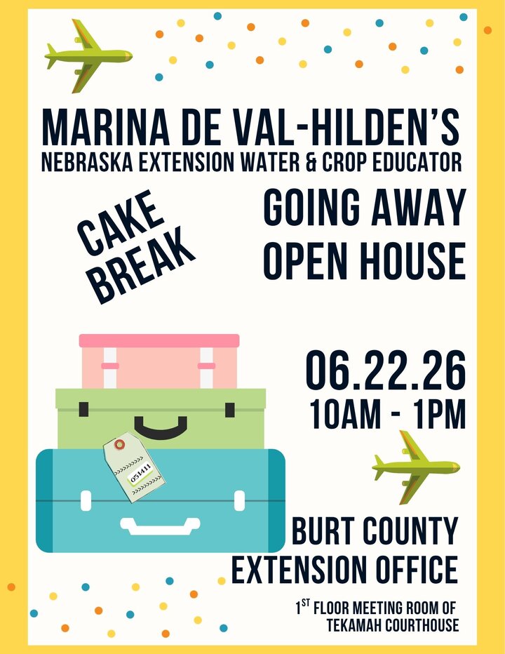 Yellow and white flyer with suitcases, airplanes, colorful confetti, and event details in black
