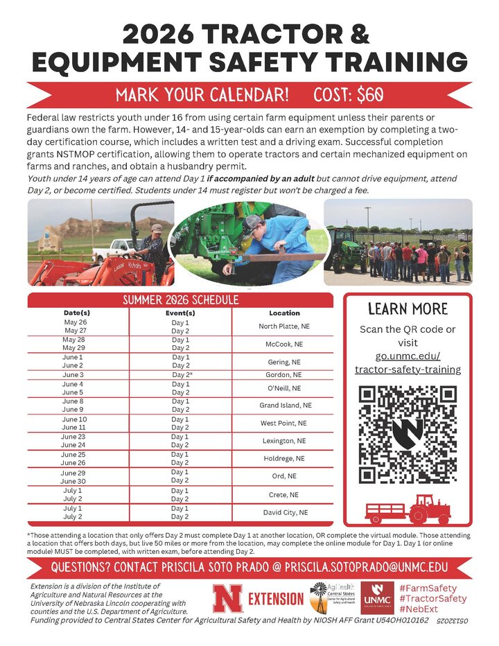 2026 Nebraska Tractor & Equipment Safety Training information and dates with a QR code