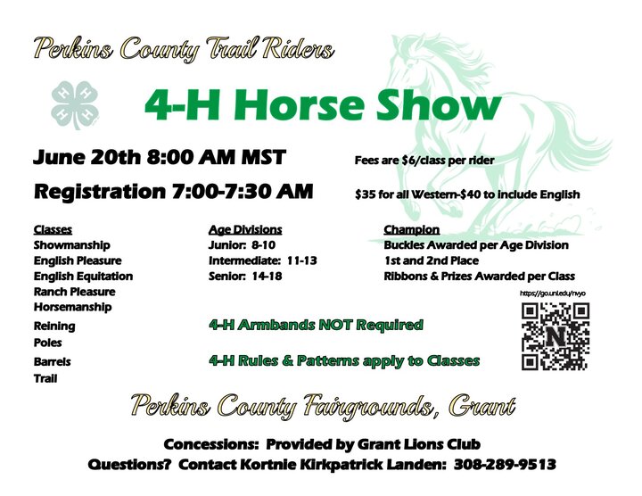 4-H Horse Show flyer detailing classes, age divisions, fees, and event location at Perkins County Fairgrounds.