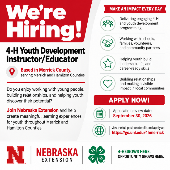 We're Hiring flyer for 4-H Youth Development Instructor based in Merrick County with Nebraska Extension logos.