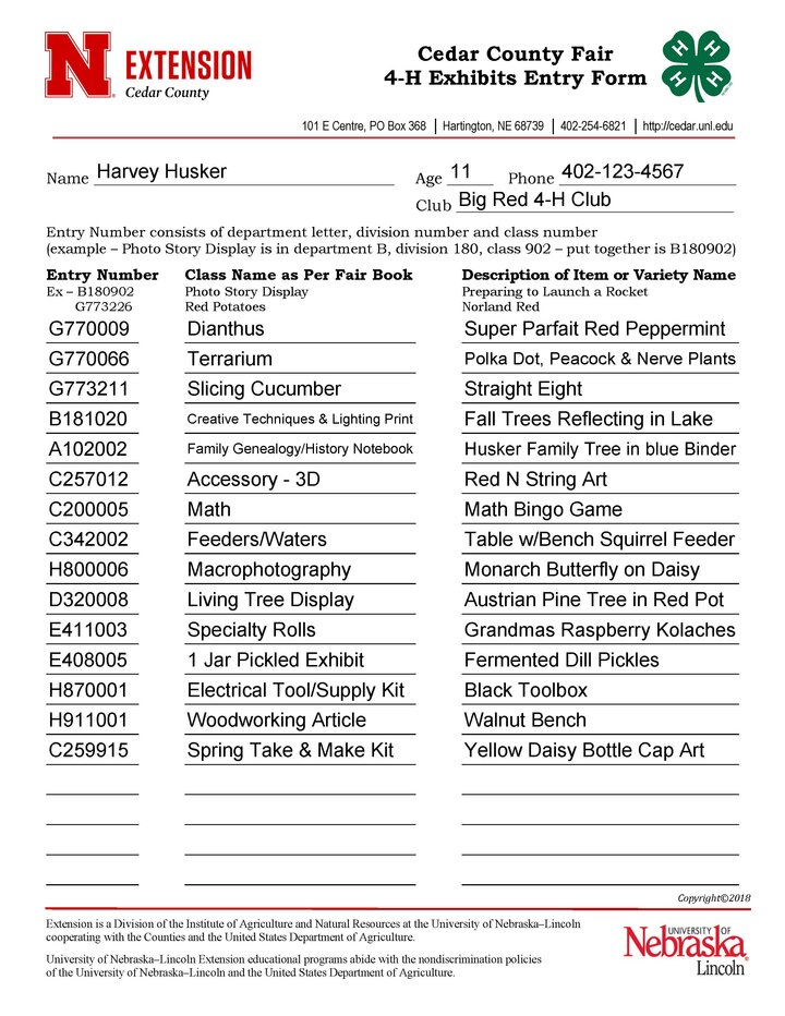 Cedar County Fair Static Exhibit Pre-Entry Form Example 
