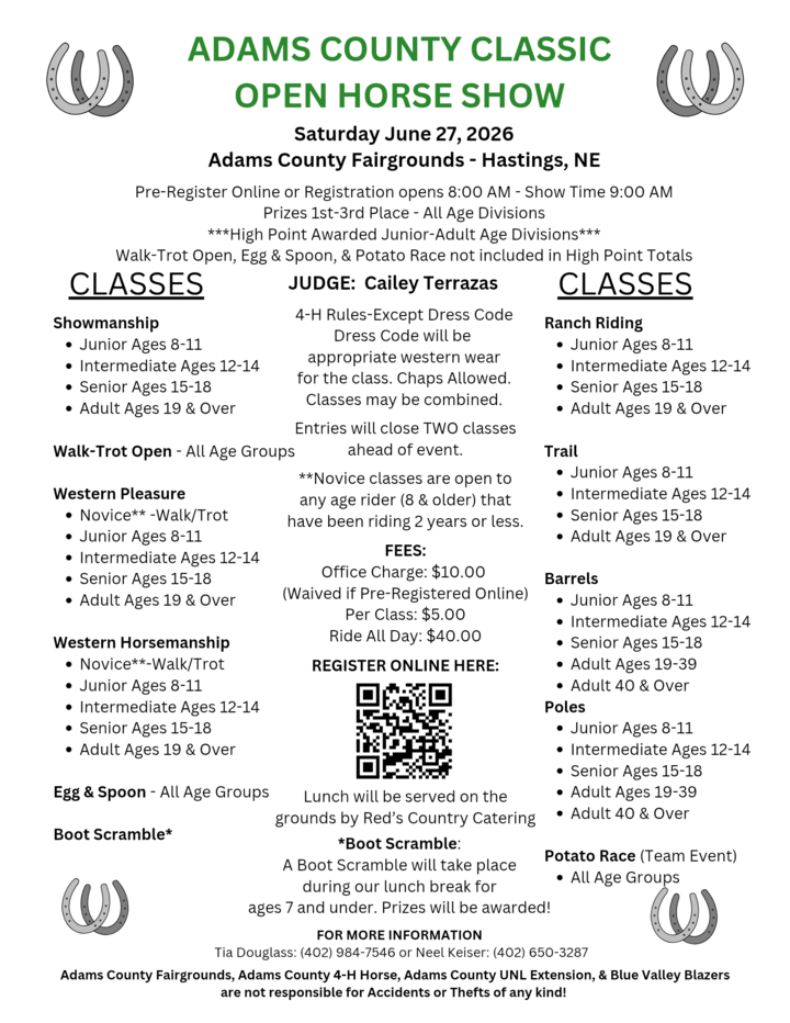 Adams County horse show flyer detailing event classes, registration, and judge information with a QR code.
