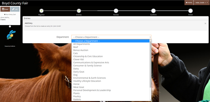 Screen Shot of how to choose a department from the drop-down menu for your first entry. 