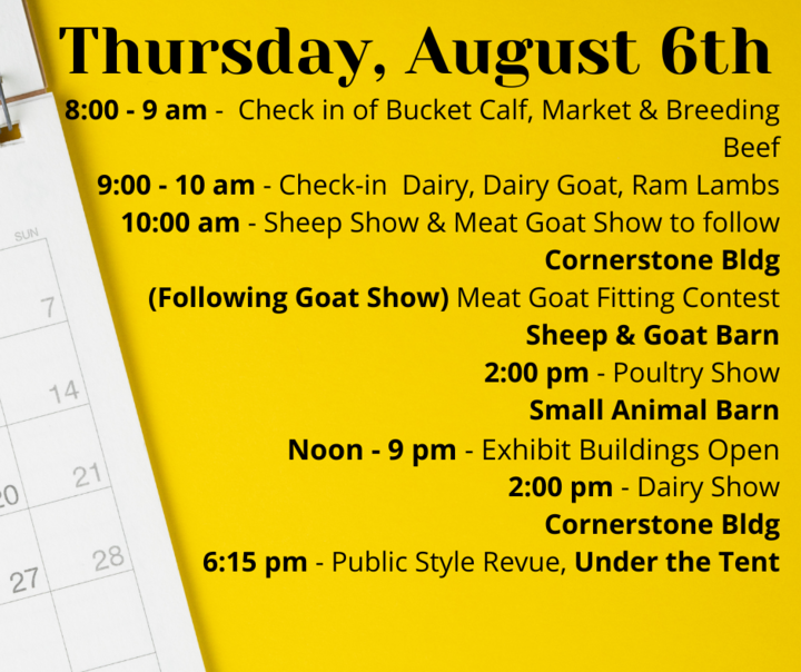 Thursday event schedule with activities, times, and locations listed on a yellow background.