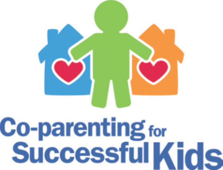 Two house icons with hearts and a green figure in the center above "Co-parenting for Successful Kids."