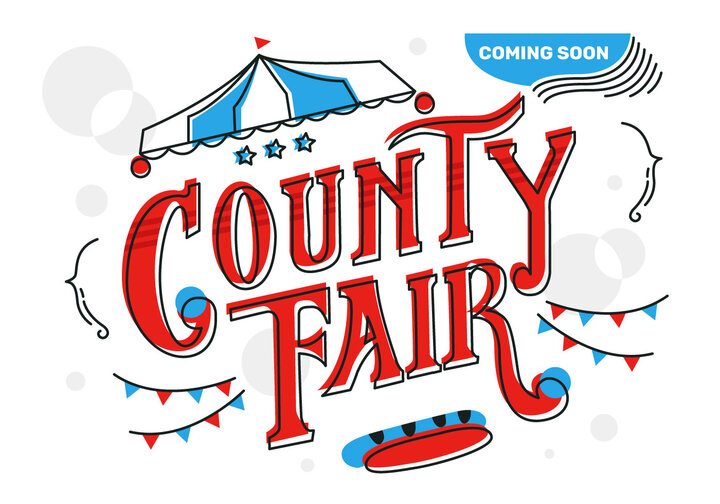 County Fair logo featuring a striped canopy, colorful pennants, and festive design elements.