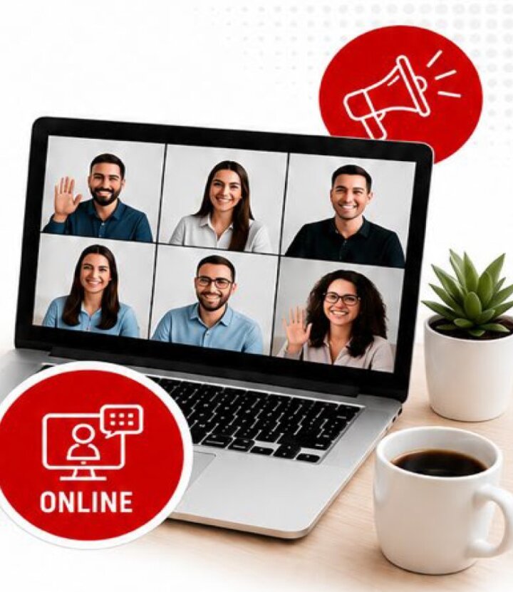 Laptop showing a video call with six participants, surrounded by coffee, plant, and red graphics.