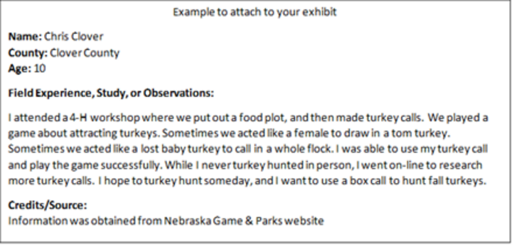 Example of Proper Credit Tag for 4-H exhibit at fair for Conservation, Wildlife and Shooting Sports. Tag Lists: Name, County, Age, Field Experience, Study, or Observations, and Credit/Source with examples included.