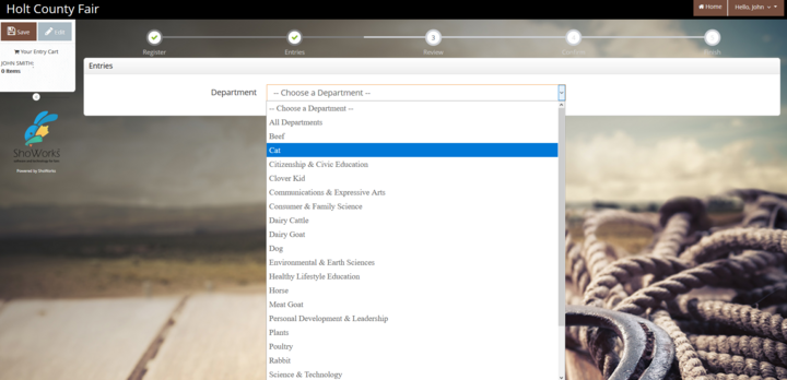 Screen Shot of how to choose a department from the drop-down menu for your first entry. 