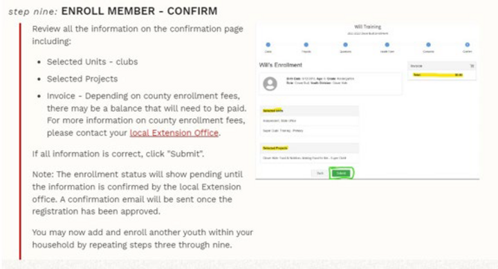 New 4-H Member Enrollment - Enroll member confirmation. 
