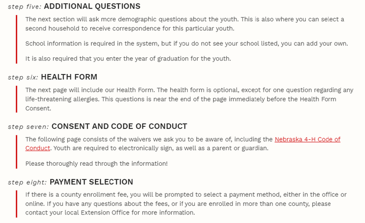 Returning 4-H Member - Completion of additional questions, health form, consent, and payment selection. 