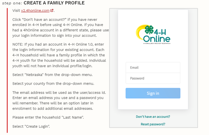 Returning 4-H Volunteer - Create a family profile or log into an existing account. 