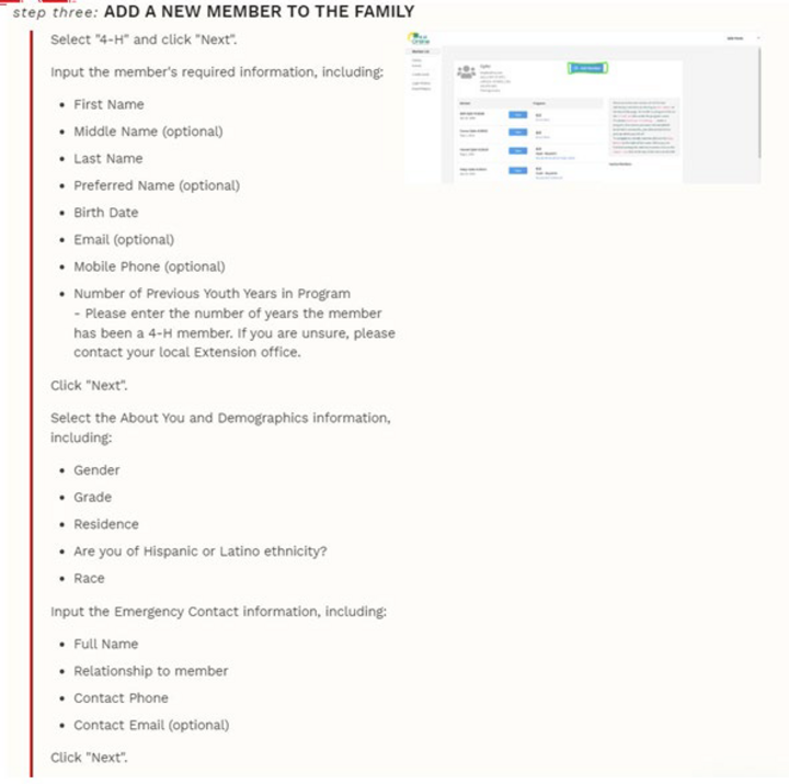 New 4-H Member Enrollment - Add a new member to the family. 