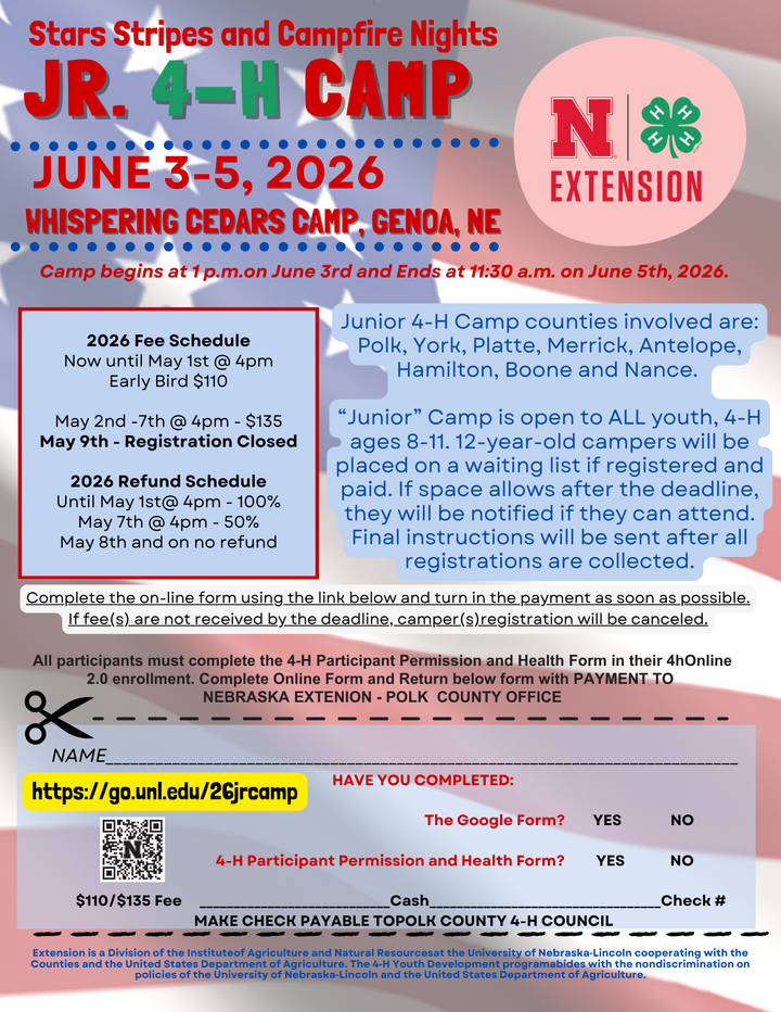 Jr 4-H Camp will be on June 3-5 in Genoa NE. Please contact 402-747-2321 for more information