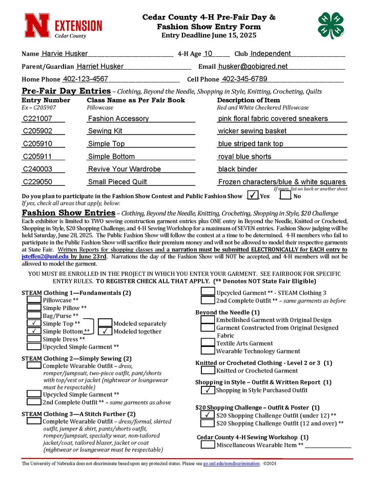 Cedar County 4-H Pre-Fair Day Pre-Entry Form