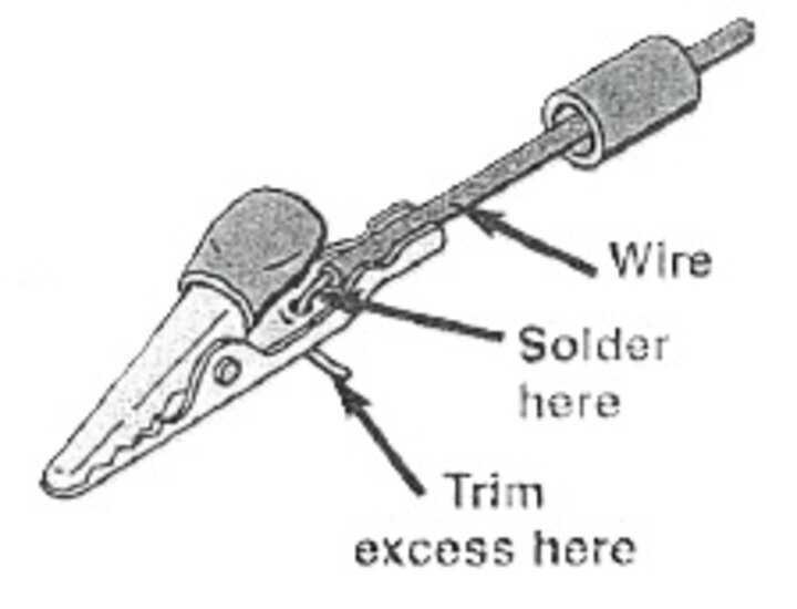 Alligator clip with wire attached showing where to solder and where to trim excess off