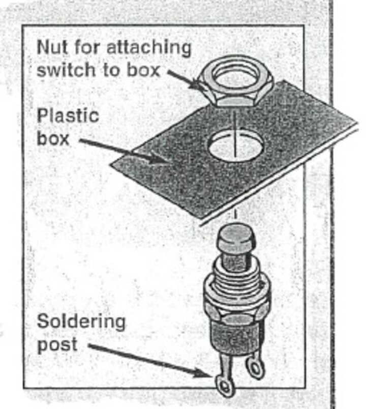 picture showing here to attach the switch with the nut to the plastic box. Also indicates where the soldering post is located.