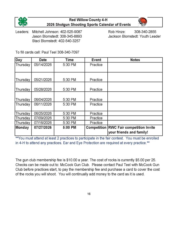 Shotgun Practice Schedule 2026