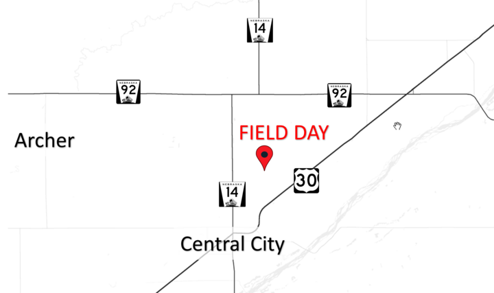 Map showing Field Day location near Central City and Archer, with highways labeled 14, 30, and 92.