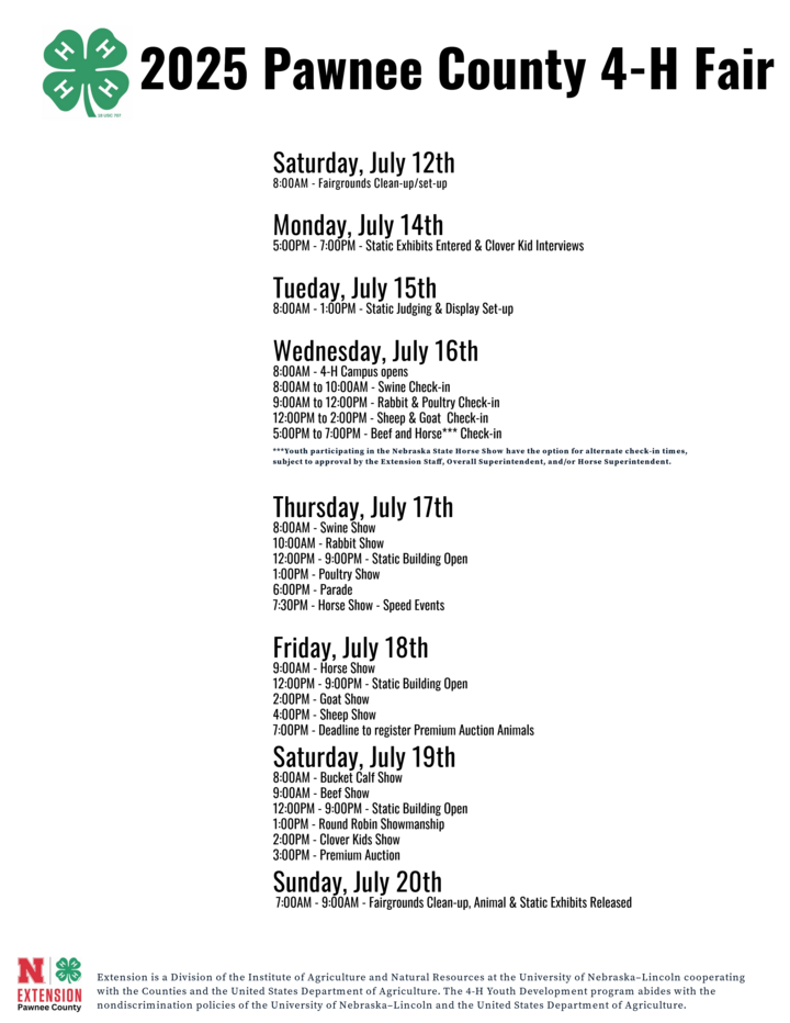 Updated Rev. 2 Pawnee County 4-H Fair Schedule