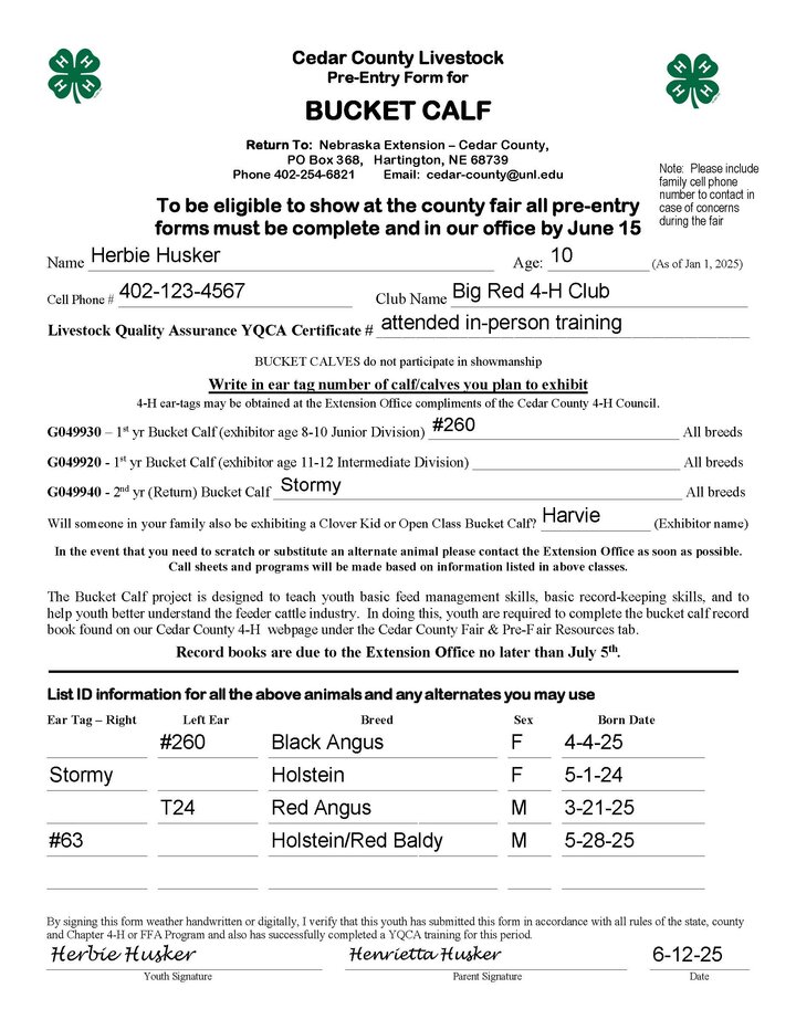 Cedar County 4-H Bucket Calf Pre-Entry/ID Form