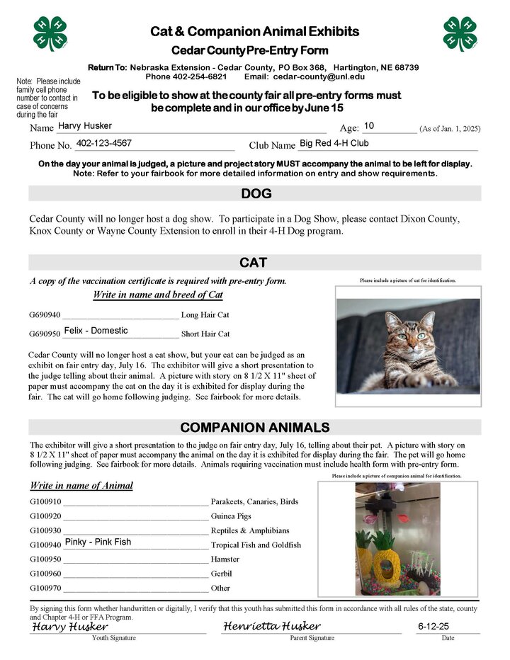 Cedar County 4-H Cat & Pet Pre-Entry Form