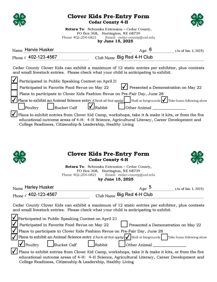 Cedar County 4-H Clover Kid Fair Pre-Entry Form