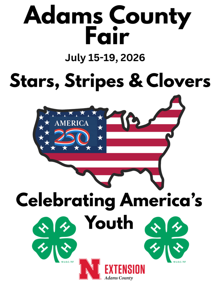 This is the Cover of the Adams County 4-H Fair book.  2026 Theme "Stars, Stripes and Clovers Celebrating America's Youth. The Picture is the American Flag in the shape of the United States.  There are also the 4-H Logo Clovers and the Red Nebraska Extension logo.