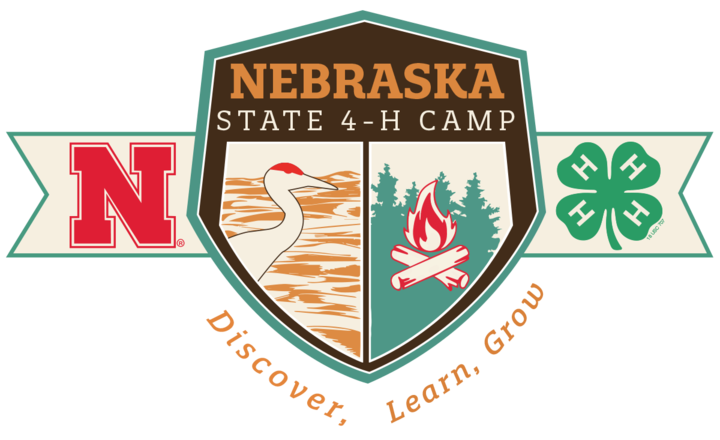 Nebraska State 4-H Camp logo with a crane, campfire, trees, and 4-H clover.