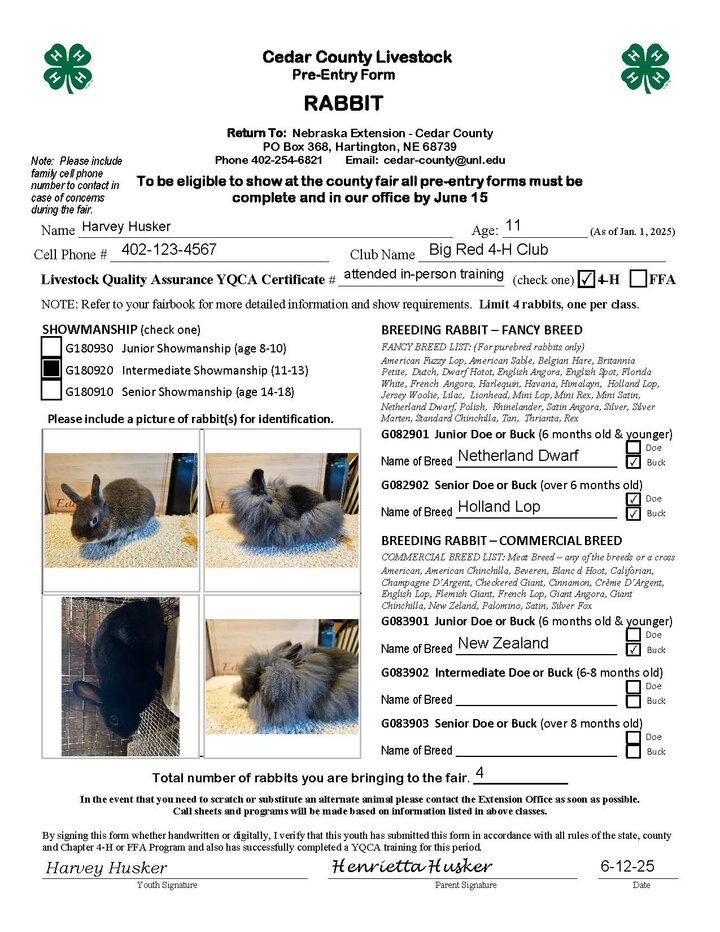 Cedar County Fair Rabbit Pre-Entry/ID Form