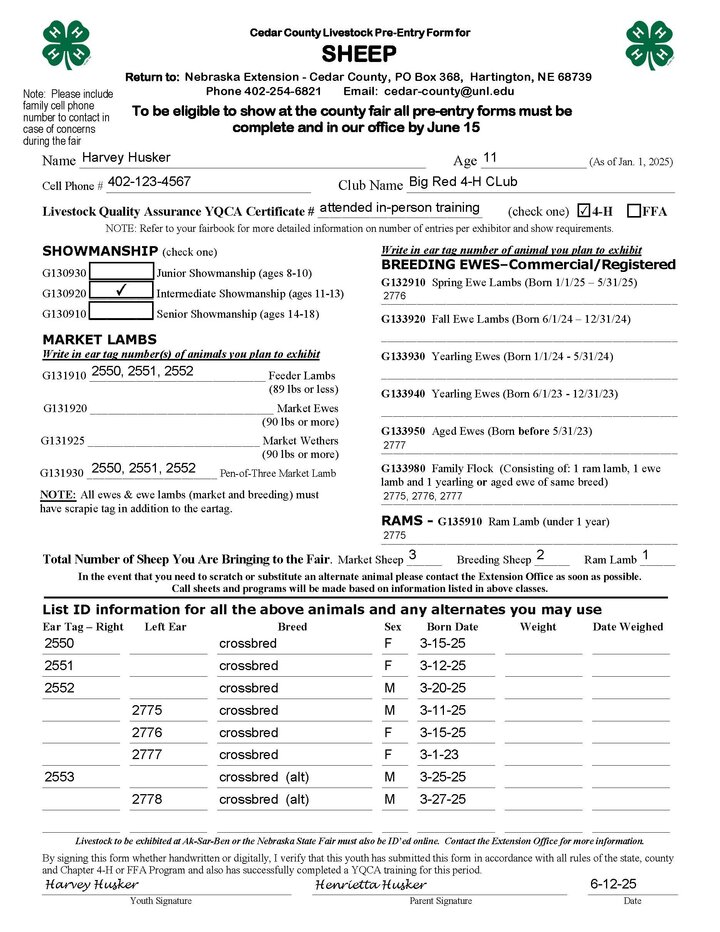 Cedar County Fair Sheep Pre-Entry Form