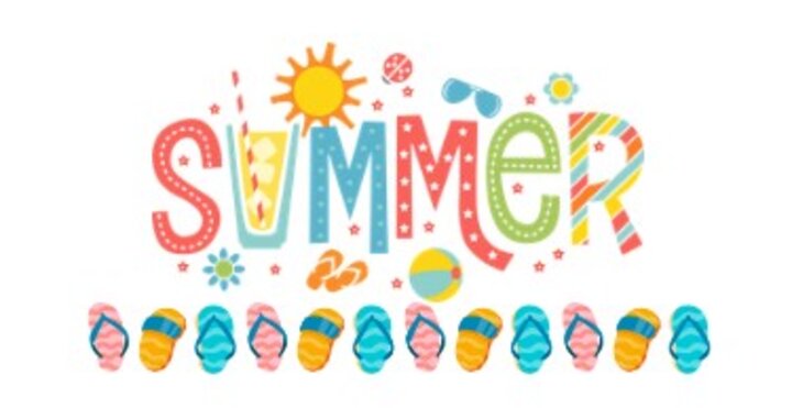 Colorful "Summer" graphic with flip-flops, sun, sunglasses, ice cream, and beach motifs.