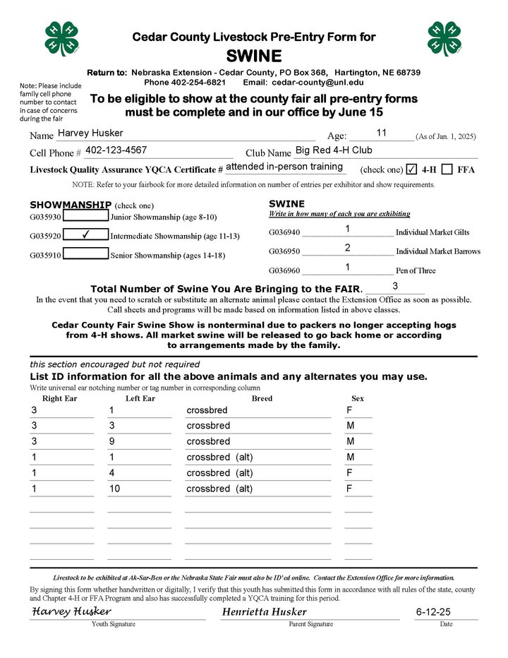 Cedar County Fair Swine Pre-Entry Form