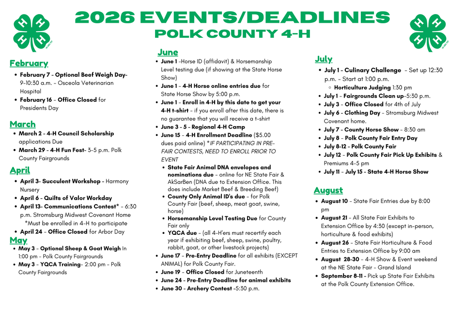 Listing of all upcoming Polk County 4-H events and deadlines for 2026