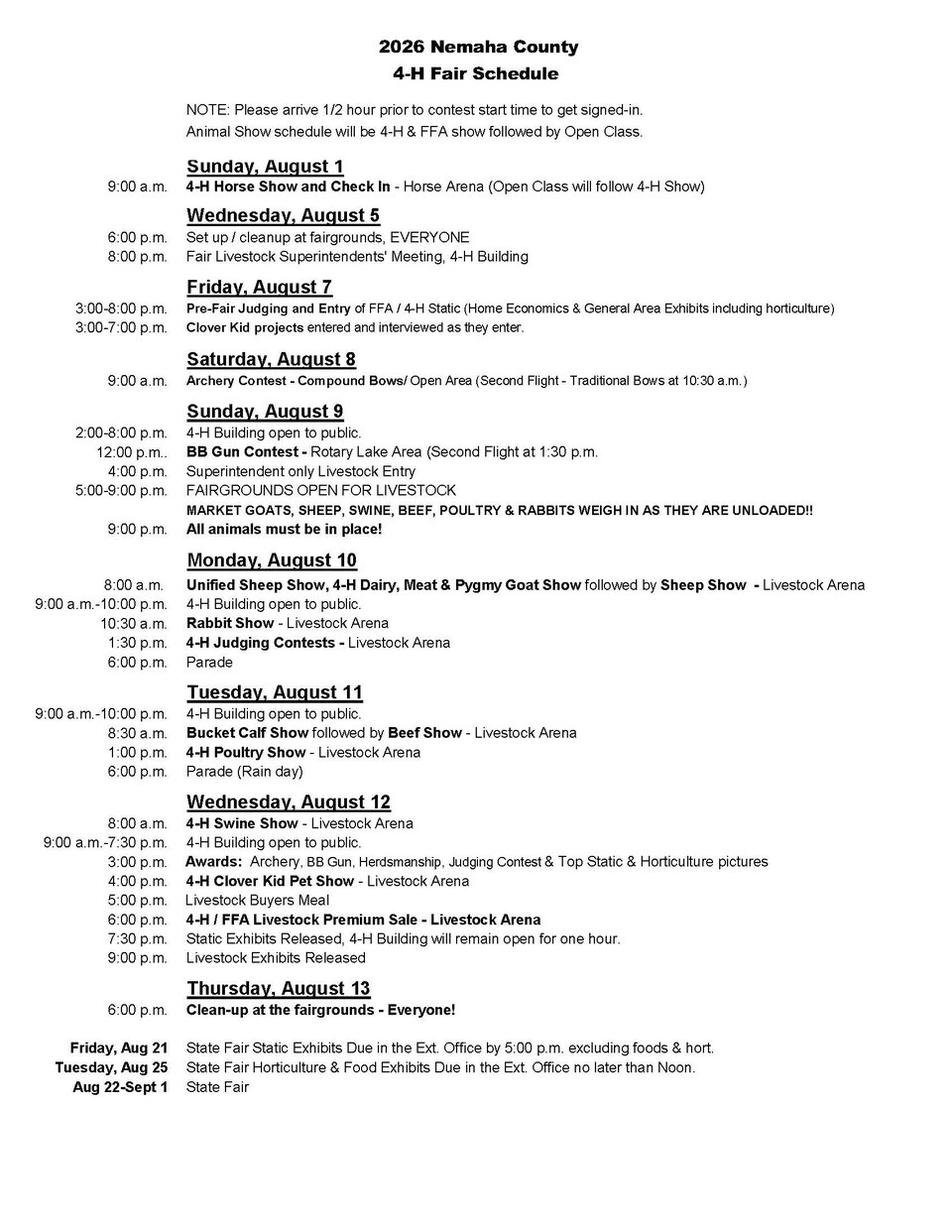 2026 Fair Schedule