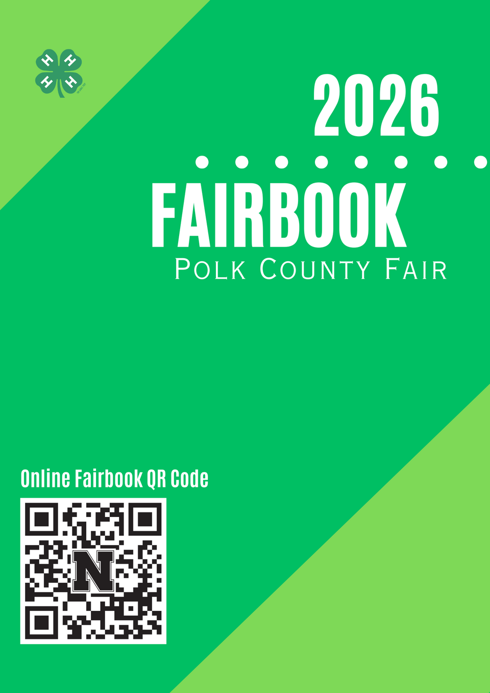2026 Fairbook cover for Polk County Fair with QR code and 4-H logo on green background.