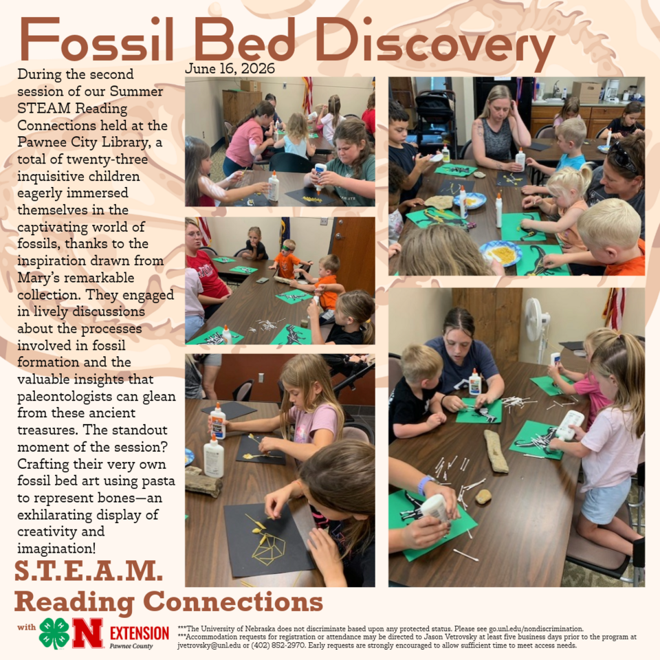 Children engaging in fossil-themed STEAM activities with crafts and discussions at a library event.