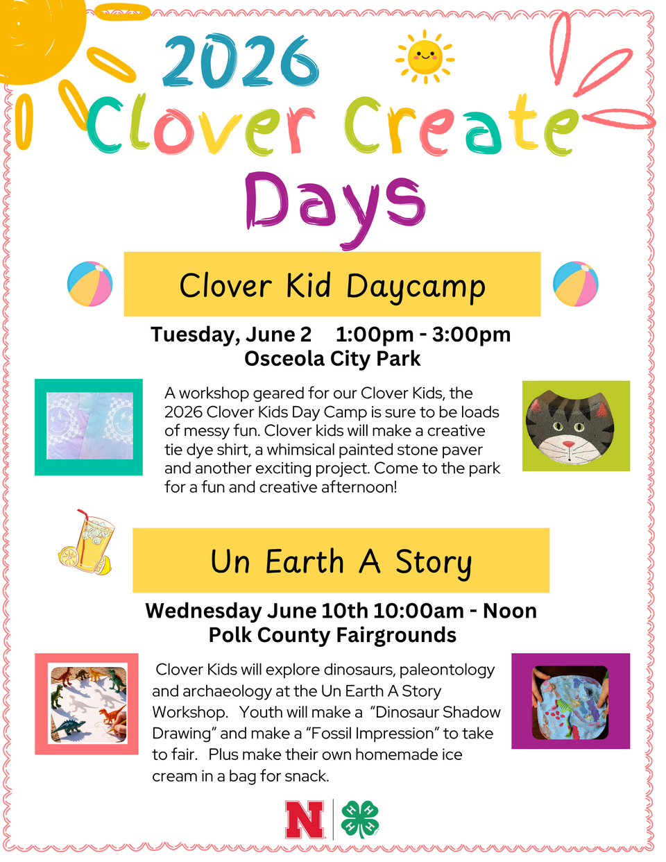 Colorful flyer with "2026 Clover Create Days," event details, and playful graphics.